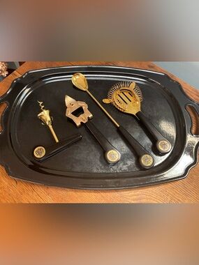 Retro MCM Black Bakelite 22K Gold Plated Bar Tool Set w/ Metal Tray